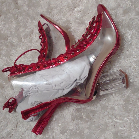 Red Lace up Peep-Toe Booties - Picture 4 of 7